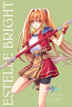  1girl antenna_hair armor bike_shorts bo_staff brown_gloves brown_hair commentary_request cropped_jacket eiyuu_densetsu estelle_bright fingerless_gloves gloves hair_intakes holding holding_staff light_smile orange_skirt pauldrons saya001 shoulder_armor simple_background single_pauldron skirt sora_no_kiseki staff twintails 