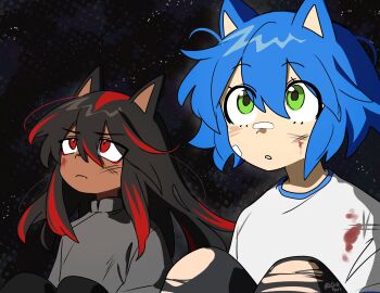  2girls animal_ears bandaid bandaid_on_cheek bandaid_on_face bandaid_on_nose black_hair blood blood_on_clothes blood_on_face blue_hair cio_(ciosui) commentary dark-skinned_female dark_skin derivative_work english_commentary genderswap genderswap_(mtf) green_eyes hedgehog_girl high_collar highres knees_up long_hair looking_up multicolored_hair multiple_girls pants parted_lips personification red_eyes red_hair scratches screenshot_redraw shadow_the_hedgehog short_hair sitting sky sonic_(live_action) sonic_(series) sonic_the_hedgehog sonic_the_hedgehog_3_(movie) star_(sky) starry_sky streaked_hair torn_clothes torn_pants 