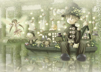  1boy 1girl aikawa_touma animal artist_name bad_id belt belt_buckle bird black_cat black_eyes black_hat black_pants black_shirt black_shoes board_game boat brown_hair buckle building cat chest_belt chicken closed_mouth clothed_animal cloud crab dog dress fairy fairy_wings fish fishing_rod flag flower flying flying_fish go_(board_game) green_hair hair_ribbon hat hat_flower house lake money_bag monkey mountain mouse_(animal) open_mouth original outdoors pants plant red_ribbon reflection reflective_liquid ribbon rowboat shirt shoes shouji sitting sliding_doors smile star_(symbol) sun top_hat twintails vines watercraft white_cat white_dress wings yellow_flower 