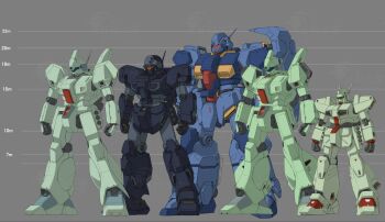  arms_at_sides assault_visor blue_visor char's_counterattack clenched_hands commentary_request full_body green_visor grey_background gundam gundam_f91 gundam_hathaway's_flash gundam_unicorn gustav_karl heavygun height_mark highres hiwa_industry jegan jegan_d_type jesta mecha mecha_focus missile_pod mobile_suit no_humans orange_visor radio_antenna red_visor robot science_fiction size_comparison standing thrusters watermark 