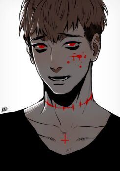  1boy anderain blood blood_on_face brown_hair collarbone commentary cross inverted_cross killing_stalking looking_at_viewer male_focus oh_sangwoo open_mouth red_eyes short_hair simple_background solo undercut upper_body white_background 