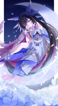  1girl black_hair blue_flower closed_mouth columbina_(genshin_impact) dress feet_out_of_frame flower genshin_impact hair_ribbon hashtag-only_commentary head_wings highres light_blush long_hair looking_at_viewer multicolored_hair on_crescent ooo00_cha purple_eyes purple_hair purple_streaks ribbon sidelocks smile solo two-tone_hair white_dress white_ribbon white_wings wings 