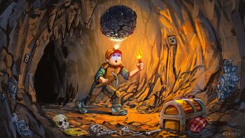  1other benii21 booby_trap boulder cave_interior commentary d: dynamite english_commentary explosive falling headlamp hermes_boots_(terraria) highres holding holding_pickaxe holding_torch imminent_death knee_pads looking_up miner mining_helmet open_mouth pickaxe silk skeleton spider_web stalactite terraria torch turn_pale walking 