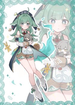  2girls :< ahoge animal_ears aqua_eyes brown_shorts closed_mouth commentary_request enunu_7e fox_ears fox_girl fox_tail full_body grey_hair hair_intakes highres honkai:_star_rail honkai_(series) huohuo_(honkai:_star_rail) lace_trim leg_warmers light_blush light_frown long_hair looking_at_another mini_person minigirl multiple_girls neck_ribbon origami outline paw-shaped_pupils red_ribbon ribbon short_shorts shorts sidelocks sparkle stelle_(honkai:_star_rail) symbol-shaped_pupils tail tail_(honkai:_star_rail) trailblazer_(honkai:_star_rail) white_leg_warmers white_outline white_sleeves yellow_eyes 