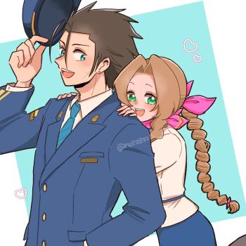  1boy 1girl aerith_gainsborough black_hair blue_eyes blue_hat blue_jacket blue_skirt blush braid braided_ponytail brown_hair central_japan_railway_company commentary_request cross_scar earrings facial_scar final_fantasy final_fantasy_vii final_fantasy_vii_remake green_eyes hair_ribbon hands_on_another's_shoulders hat heart highres holding holding_unworn_clothes holding_unworn_hat jacket japan_railways jewelry long_hair long_sleeves looking_at_viewer noi_(noi28224) official_alternate_costume open_mouth parted_bangs pink_ribbon ponytail ribbon scar scar_on_cheek scar_on_face shirt skirt stud_earrings twitter_username unworn_hat unworn_headwear upper_body white_shirt wing_collar zack_fair 