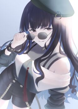  1girl absurdres anata6350 bare_shoulders beret black_hair black_shorts blue_hair bracelet breasts buttons colored_inner_hair commentary_request double-breasted eyeliner fate/grand_order fate_(series) green_hat green_jacket grey_eyes grin hat highres jacket jewelry long_hair long_sleeves looking_at_viewer makeup multicolored_hair neck_ring o-ring off_shoulder round_eyewear shorts sidelocks small_breasts smile solo sunglasses tenochtitlan_(fate) tenochtitlan_(second_ascension)_(fate) thighs 