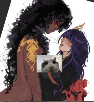  2girls alternate_costume armor back_bow blunt_bangs blush bow braid brown_hair catfurnac3 censored clenched_teeth closed_eyes closed_mouth clothed_female_nude_female colored_veins commentary completely_nude couple crossover dark-skinned_female dark_skin english_commentary faceless faceless_female from_side genshin_impact glitter glitter_makeup gold_armor gold_tattoo hair_down hair_ornament hair_over_eyes implied_sex incoming_kiss japanese_clothes kimono league_of_legends leaning_forward leaning_on_person long_braid long_hair mel_(league_of_legends) multiple_girls nervous_sweating nose_blush nude purple_hair raiden_shogun shade shoulder_plates shy single_braid standing sweat teeth unfinished upper_body very_dark_skin white_background yuri 