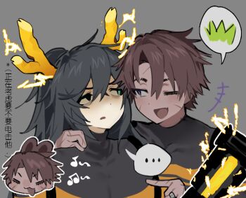  2boys antlers aqua_eyes black_bodysuit black_eyes black_hair bodysuit candied275 commentary dark-skinned_male dark_skin electricity grey_background half_updo heathcliff_(project_moon) heterochromia hong_lu_(project_moon) horns limbus_company long_hair multiple_boys open_mouth project_moon purple_eyes r_corp._(identity)_(project_moon) reindeer_antlers scar scar_on_hand simple_background smile symbol-only_commentary translation_request very_long_hair 