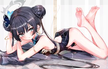  1girl a1u absurdres back_cutout barefoot black_dress black_hair blue_archive braid breasts bun_with_braided_base butterfly_hair_ornament china_dress chinese_clothes closed_mouth clothing_cutout coat commentary double_bun dragon_print dress earrings feet feet_up grey_coat grey_eyes grey_halo hair_bun hair_ornament halo highres jewelry kisaki_(blue_archive) long_hair looking_at_viewer lying on_stomach print_dress revision small_breasts soles solo striped_coat the_pose toes twintails unworn_coat vertical-striped_coat 