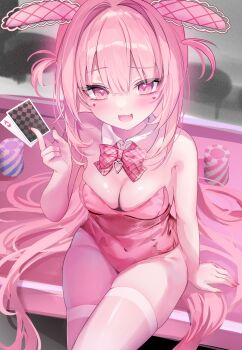  1girl :d absurdres ace_(playing_card) ace_of_hearts animal_ears arm_support bare_shoulders between_fingers bow breasts card cleavage collar commentary_request covered_navel detached_collar fake_animal_ears fang fingernails groin hair_intakes hand_up heart highres holding holding_card kabashima_hana leotard long_fingernails long_hair looking_at_viewer medium_breasts nail_polish on_table open_mouth original pink_bow pink_eyes pink_hair pink_leotard plaid_bow playboy_bunny playing_card poker_chip poker_table rabbit_ears red_nails sitting skindentation smile solo stool strapless strapless_leotard table thighhighs two_side_up very_long_hair white_collar white_thighhighs wing_collar 