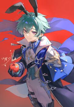  1boy ahoge animal_ears apple armor belt belt_collar black_belt black_boots black_gloves blue_hair blue_shirt boots cape choker coat collar collared_shirt commentary earrings food fruit genshin_impact gloves hair_between_eyes highres holding holding_food holding_fruit jewelry lohen_(genshin_impact) long_sleeves male_focus mole mole_under_eye multicolored_eyes pants ppy4686 rabbit_ears red_background shirt shoulder_armor smile solo thigh_strap torn_cape torn_clothes 