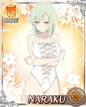  1girl arms_under_breasts averting_eyes bob_cut border breasts card_(medium) character_name cleavage closed_mouth cross-laced_clothes cross-laced_one-piece_swimsuit crossed_arms dot_mouth game_cg green_hair half-closed_eyes large_breasts medium_hair naraku_(senran_kagura) navel official_art one-piece_swimsuit pink_eyes senran_kagura senran_kagura_new_wave solo swimsuit third-party_source white_one-piece_swimsuit 
