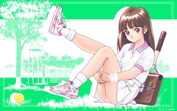  1990s_(style) 1girl artist_name ass ball bracelet breasts brown_bag brown_eyes brown_hair character_request collared_shirt colored_shadow commentary_request contrast_collar copyright_request cross-laced_shoes dated dated_commentary dithering drop_shadow feet_up from_side full_body grass green_background hugging_own_legs inset_border jewelry legs_up light_blush long_hair looking_at_viewer miniskirt on_grass own_hands_together panties panty_peek parted_lips pc-98_(style) pink_shoes pink_trim pixel_art pleated_skirt racket retro_artstyle shadow shirt shoes short_sleeves signature sitting skirt small_breasts sneakers socks solo sportswear straight_hair teiku_(take) tennis_ball tennis_racket tennis_uniform tree two-tone_background umpire_chair underwear white_panties white_skirt white_socks wing_collar 