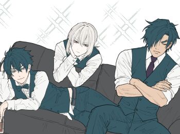  3boys black_bow black_bowtie black_hair black_pants black_vest bow bowtie carnival_phantasm closed_eyes closed_mouth couch crossed_arms cup hair_over_one_eye holding holding_cup kishima_kouma looking_at_viewer lying male_focus medium_hair momoka_(abc_momoka0718) multiple_boys muscular muscular_male nanaya_shiki necktie on_couch on_side pants red_eyes red_necktie shirt short_hair smile smirk smug sparkle tohno_shiki_(2) tsukihime vest white_hair white_shirt 