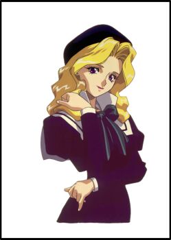  1990s_(style) 1girl black_border black_dress black_hat blonde_hair blue_eyes border bow cropped_torso dress eberouge hat juliet_sleeves lipstick long_hair long_sleeves looking_at_viewer makeup non-web_source official_art puffy_sleeves retro_artstyle simple_background smile solo white_background 