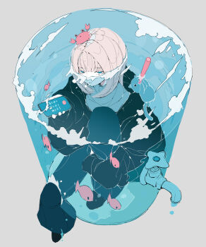  1girl absurdres black_jacket black_shoes blonde_hair blue_eyes blue_pants cat cellphone commentary_request crab drinking_straw fish from_above grey_background grey_shirt hair_intakes half-closed_eyes highres holding holding_phone jacket looking_at_viewer medium_hair nocopyrightgirl original pants parted_lips phone shirt shoes sitting smartphone water 