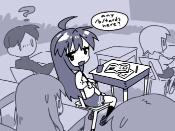  1boy 3girls 4chan :3 ? ahoge anniversary blue_theme book commentary desk english_commentary english_text izumi_konata jitome loneoni long_hair looking_back lucky_star mole mole_under_eye monochrome multiple_girls open_book school_desk school_uniform serafuku skirt socks  rating:General score:23 user:danbooru
