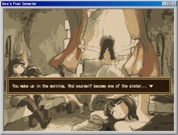  4girls back bed belt bloomers boots braid breasts brown_hair character_request commentary curtain_grab curtains day dressing english_commentary english_text hair_down indoors ironlily jug_(bottle) long_hair medieval morning multiple_girls opening_window ordo_mediare_sisters_(ironlily) pixel_art putting_on_footwear sheath shoes sideboob sitting sora's_pixel_converter stone_floor stone_wall sword topless_female twin_braids twin_braids_sister_(ironlily) under_covers underwear waking_up weapon window 