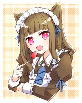  1girl animal_ears apron blue_necktie blue_ribbon blunt_bangs border brown_dress cat_ears collared_dress commentary_request dress eating food food_on_face fork frilled_apron frills fruit highres holding holding_fork juliet_sleeves kachimachi_kosuzu kanduki_kamibukuro link!_like!_love_live! long_hair long_sleeves looking_at_viewer love_live! maid maid_apron maid_headdress necktie nyan_nyan_nyan_fair_in_gamers official_alternate_costume orange_background outside_border pink_eyes plaid_background puffy_sleeves ribbon sleeve_ribbon solo strawberry virtual_youtuber white_apron white_border 
