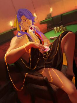 1boy bara bb_(fate) bb_dubai_(fate) bb_dubai_(fate)_(cosplay) black_dress braid braided_hair_rings card_in_mouth chair cosplay crossdressing crossdressing_(mtf) dress duryodhana_(fate) dutch_angle earrings fabulous facial_hair fate/grand_order fate_(series) feet_out_of_frame glint goatee goatee_stubble hair_ribbon hair_rings highres jewelry large_pectorals long_hair looking_at_viewer male_focus mature_male mouth_hold muscular muscular_male nekooomata_(kunnn_n) on_chair pectorals photo-referenced poker_chip poker_table purple_eyes purple_hair ribbon smile solo standing stubble table thick_eyebrows yellow_ribbon