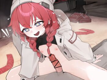  ! !! 1boy 1girl absurdres bar_censor blue_archive blue_eyes blush braid censored condom condom_wrapper flat_chest hat hetero highres jacket ka_keo loli maki_(blue_archive) maki_(camp)_(blue_archive) nipples open_mouth paid_reward_available penis red_hair twin_braids 