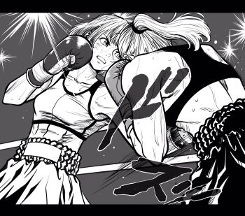  2girls abs boxing boxing_gloves boxing_ring boxing_shorts breasts collarbone commentary_request greyscale highres lee_(dragon_garou) letterboxed light_rays midriff monochrome motion_lines multiple_girls original ponytail punching shorts small_breasts sports_bra sweat toned toned_female topknot 