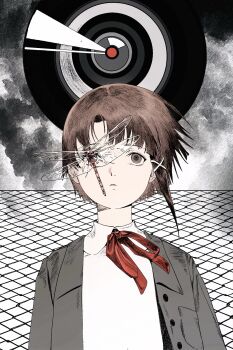  1girl asymmetrical_hair bow bowtie brown_eyes brown_hair bug commentary_request dragonfly grey_background grey_jacket hair_ornament hairclip highres insect insect_on_face iwakura_lain jacket looking_up portrait red_bow red_bowtie serial_experiments_lain shirt single_sidelock solo surreal tanzao unbuttoned_jacket vinyl_record white_shirt wire_fence x_hair_ornament 