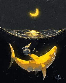  1other animal bodysuit commentary_request crescent_moon diving_suit flippers highres kazunoko_(kazunoko_zunoco) moon night ocean original oxygen_tank pointing scuba_gear scuba_tank shark sky star_(sky) starry_sky submerged wetsuit 