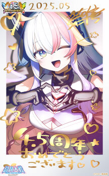  1girl ;d anniversary bare_shoulders breasts choukou_(alicesoft) choukou_taisen_escalation_heroines finger_heart green_eyes heart highres large_breasts long_hair looking_at_viewer medium_breasts nijimura_kanade official_art one_eye_closed open_mouth signalviolet smile upper_body white_hair 