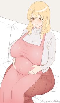  1girl absurdres apron belka_dog blonde_hair breasts female_focus grabbing_own_belly highres huge_breasts long_hair matching_hair/eyes pink_apron pregnant smile solo sunohara_ayaka sunoharasou_no_kanrinin-san wide_hips yellow_eyes 