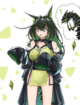  ! 1girl absurdres ahoge animal_ears arknights bare_shoulders black_coat black_hair breast_expansion breasts coat collarbone colored_inner_hair commentary_request cowboy_shot creature_and_personification dress emoji gluteal_fold green_dress green_eyes green_hair groin highres huge_ahoge large_breasts long_hair microdress mon3tr_(arknights) mon3tr_(summon)_(arknights) multicolored_hair no_panties off_shoulder open_mouth personification sleeves_past_fingers sleeves_past_wrists solo standing sweatdrop white_background zhenjie20 