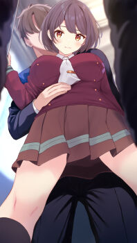  1girl 2boys :| between_breasts black_hair black_pants black_shirt blurry blurry_background blush bob_cut breasts brown_eyes brown_hair buttons chikan closed_mouth collared_shirt commentary_request cowboy_shot double-breasted faceless faceless_male fingernails from_below furrowed_brow groping highres impossible_clothes impossible_shirt kano_(komone_ushio) kneehighs komone_ushio large_breasts long_sleeves looking_at_viewer molestation multiple_boys neckerchief nervous original pants pleated_skirt purple_shirt red_skirt school_uniform shirt short_hair skirt socks solo_focus sweatdrop tie_clip train_interior very_short_hair wavy_mouth white_neckerchief white_shirt worried 