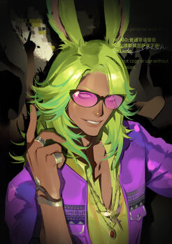  1boy animal_ears black-framed_eyewear collared_shirt dancing_green eheeya_(ff14) eyes_visible_through_eyewear final_fantasy final_fantasy_xiv green_hair hashtag-only_commentary highres index_finger_raised jacket jewelry lliusn long_hair long_sleeves looking_at_viewer male_focus multiple_rings necklace open_clothes open_collar open_jacket pink-tinted_eyewear purple_jacket rabbit_boy rabbit_ears ring shirt smile solo tinted_eyewear upper_body viera watermark yellow_shirt 