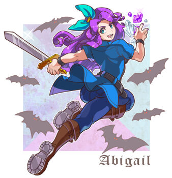  1girl abigail_(stardew_valley) bat_(animal) belt black_belt blue_eyes blue_pants blue_ribbon blue_shirt boots brown_boots commentary_request crystal denim from_behind full_body glint hair_ribbon highres holding holding_sword holding_weapon jeans knee_boots long_hair looking_back open_mouth pants parted_bangs purple_hair ribbon running shirt shoe_soles short_sleeves smile solo stardew_valley sword tanagawa_makoto weapon 