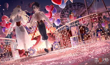  1boy 1girl ada_mesmer ada_mesmer_(layla) aircraft artist_request balloon black_hair blonde_hair commentary_request dress dutch_angle emil_(identity_v) emil_(majnun)_(identity_v) ferris_wheel hat heart_balloon high_heels highres holding_hands hot_air_balloon identity_v official_art petals roller_coaster smile star_balloon tree 