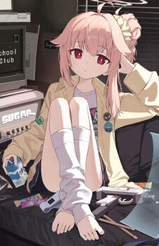  1girl absurdres ahoge amplifier aqoot barefoot black_skirt blue_archive candy commentary couch crossed_ankles drink_carton drumsticks feet food foot_focus full_body gun hair_bun hair_ornament hair_scrunchie hairpin halo hand_on_own_head highres holding holding_milk_carton indoors jacket knees_up leg_warmers long_sleeves looking_at_viewer micro_uzi milk_carton natsu_(band)_(blue_archive) natsu_(blue_archive) no_shoes official_alternate_costume on_couch open_clothes open_jacket parted_lips pink_hair pink_halo pleated_skirt print_shirt red_eyes riot_shield scrunchie shield shirt single_side_bun sitting skirt small_sweatdrop solo submachine_gun sweat toes weapon white_leg_warmers white_shirt window_blinds yellow_jacket  rating:Sensitive score:18 user:danbooru