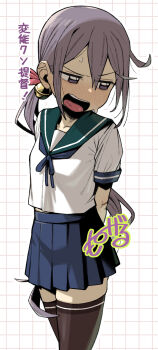  akebono_(kancolle) angry arms_behind_back artist_name bell black_thighhighs blue_neckerchief blue_skirt blush cowboy_shot from_side furrowed_brow geso_smith green_sailor_collar grid_background hair_bell hair_between_eyes hair_ornament highres kantai_collection legs_together long_hair low_ponytail midriff_peek miniskirt neckerchief nose_blush open_mouth pleated_skirt ponytail purple_eyes purple_hair sailor_collar school_uniform shirt short_sleeves signature skirt standing straight_hair sweat teeth thighhighs translation_request upper_teeth_only v-shaped_eyebrows very_long_hair white_background white_shirt zettai_ryouiki 
