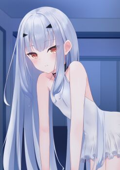  1girl alternate_costume bare_shoulders black_choker blurry blurry_background blush choker closed_mouth collarbone cowboy_shot dot_mouth dress fate/grand_order fate_(series) flat_chest forked_eyebrows grey_hair hair_ornament halterneck indoors leaning_forward long_bangs long_hair looking_at_viewer melusine_(fate) melusine_(second_ascension)_(fate) pleated_dress raised_eyebrows riya_(01214) short_dress sidelocks sleeveless sleeveless_dress smile solo very_long_hair white_dress yellow_eyes 
