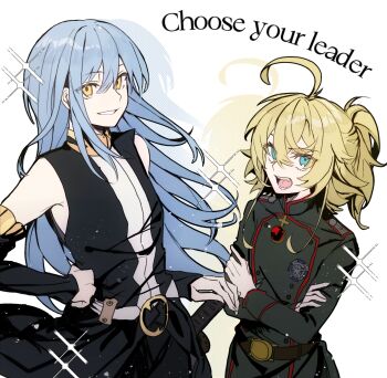  1girl 1other ahoge bare_shoulders belt black_pants black_shirt black_sleeves blonde_hair blue_eyes colored_shadow crossed_arms crossover detached_sleeves diffraction_spikes english_text eyes_visible_through_hair gold_trim grin hair_between_eyes halftone hand_on_hilt highres kelehaoguyipingzi long_hair long_sleeves looking_at_viewer medium_hair military_uniform open_mouth pants ponytail rimuru_tempest shadow shirt sidelocks sleeveless sleeveless_shirt smile tanya_degurechaff tensei_shitara_slime_datta_ken upper_body white_background yellow_eyes youjo_senki 