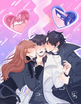  1girl 2boys :o black_coat black_gloves black_hair black_jacket black_shirt blush brown_hair coat collared_shirt cowboy_shot fingerless_gloves gloves heart highres jacket kim_dokja kiss long_hair lumolyv multiple_boys omniscient_reader's_viewpoint open_clothes open_coat shirt short_hair white_coat yoo_joonghyuk yoo_sangah 