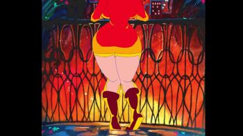  1girl 2025 animal_ears animated arm_rest ass backboob bess_(kitty920831mai) blue_hair blush_stickers boots breasts brown_boots cat_ears cat_girl cityscape commentary curvy english_commentary eyebrows_hidden_by_hair female_focus full_body grin guard_rail highres hood hooded_dress hoodie huge_ass kitty920831mai large_breasts long_sleeves looking_at_viewer looking_back medium_hair narrow_waist night night_sky no_pupils original outdoors pink_lips red_hoodie sky smile solo star_(sky) starry_sky thick_thighs thighs third-party_edit video yellow_eyes 