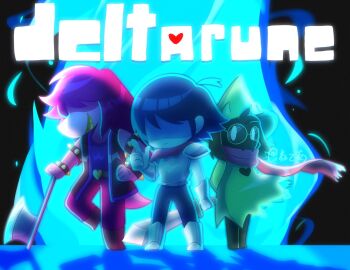  1boy 1girl 1other androgynous armor armored_boots axe barefoot black_hair black_vest blue_skin boots bracelet chibi chibi_only colored_skin copyright_name cuirass dark_fountain_(deltarune) deltarune furry furry_female furry_male gauntlets glasses green-framed_eyewear green_hat hair_over_eyes hat highres holding holding_axe holding_sword holding_weapon jewelry kris_(dark_world)_(deltarune) kris_(deltarune) long_hair neko_a_0628 no_eyes open_clothes open_vest pants pink_scarf purple_hair purple_pants purple_skin ralsei round_eyewear scarf shaded_face short_hair spiked_bracelet spikes susie_(dark_world)_(deltarune) susie_(deltarune) sword utdr_(toby_fox) vest weapon white_eyes 