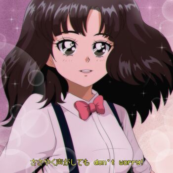  1990s_(style) 1girl animification black_bow bow bowtie brenni_murasaki collared_shirt floating_hair grey_background highres long_hair looking_at_viewer parted_lips pink_bow pink_bowtie retro_artstyle shirt simple_background smile solo suspenders sweetest_music takeuchi_mariya white_shirt 