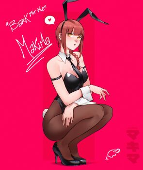 1girl :o alternate_costume animal_ears black_footwear black_leotard black_necktie braid brown_pantyhose cesar_art456 chainsaw_man commentary detached_collar english_commentary english_text fake_animal_ears fake_tail high_heels highres leotard long_hair looking_at_viewer makima_(chainsaw_man) necktie pantyhose playboy_bunny rabbit_ears rabbit_tail red_background red_hair simple_background solo strapless strapless_leotard tail thighs wrist_cuffs yellow_eyes rating:Sensitive score:36 user:danbooru