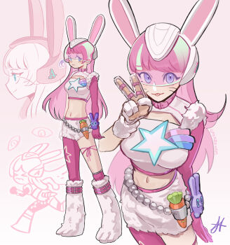  1girl :3 :p adapted_costume ai_the_somnium_files carrot crop_top facial_mark gloves hand-up highres looking_at_viewer multiple_views no_sleep_for_kaname_date_-_from_ai:_the_somnium_files pink_gloves rabbit_helmet sagan_iris shirt shooting_star_(symbol) shorts simple_background single_glove smokedham tongue tongue_out v whisker_markings white_background white_shirt white_shorts 