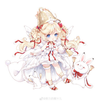  1girl absurdres angel_wings animal animal_on_head ankle_socks arm_warmers asymmetrical_dress bare_shoulders bell blonde_hair blue_eyes boots bow bow_legwear bowtie braid braided_hair_rings chibi chinese_commentary choker christmas clothed_animal commentary_request dot_nose dress earrings eyelashes fairy feathered_wings floating_hair fur-trimmed_boots fur-trimmed_dress fur_arm_warmers fur_thigh_strap fur_trim gold_thighlet hair_bow hair_ribbon hair_rings happy high_heel_boots high_heels highres holding holding_bell jewelry large_earrings light_blush long_hair miracle_nikki multicolored_boots multiple_wings nikki_(series) nuli_de_chengzhi_er on_head open_mouth pom_pom_(clothes) pom_pom_earrings rabbit rabbit_jingle_bell_(miracle_nikki) rabbit_on_head red_boots red_bow red_choker red_ribbon ribbon simple_background single_stripe sleeveless sleeveless_dress smile snow snowflake_choker snowflakes socks solo sparkle striped_bow striped_bowtie striped_clothes striped_socks tareme thighlet tress_ribbon two-tone_boots vertical-striped_clothes vertical-striped_socks very_long_hair watermark weibo_watermark white_arm_warmers white_background white_boots white_bow white_bowtie white_dress white_socks white_wings wings 