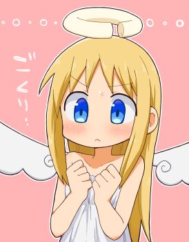  1other :d absurdres angel angel_wings bare_arms black_shorts blonde_hair blue_eyes blush broken_halo collarbone commentary_request crimvael dress halo highres holding ishuzoku_reviewers long_hair off-shoulder_dress off_shoulder open_mouth other_focus richard_(richaball) sandals shorts smile solo white_dress white_wings wings 