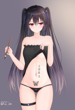  >:( 1girl absurdres ahoge bare_arms bare_shoulders black_camisole black_hair black_nails black_panties blue_ribbon blush body_writing bow bow_panties breasts butterfly_tattoo calligraphy calligraphy_brush camisole camisole_lift cc_lin check_translation chinese_commentary closed_mouth clothes_lift collarbone commentary_request cowboy_shot curvy double-parted_bangs eyelashes female_focus frilled_camisole frills frown gradient_background grey_background groin hair_between_eyes hair_ribbon hands_up heterochromia highres holding holding_brush ink legs_together lifting_own_clothes long_hair looking_at_viewer looking_to_the_side midriff nail_polish navel no_bra original paintbrush panties partially_visible_vulva pixiv_username pubic_tattoo purple_bow purple_eyes red_eyes red_nails ribbon shy sidelighting simple_background skindentation small_breasts solo standing stomach straight-on straight_hair tattoo thigh_gap thigh_strap thighs translation_request two_side_up underboob underwear v-shaped_eyebrows very_long_hair  rating:Sensitive score:63 user:danbooru