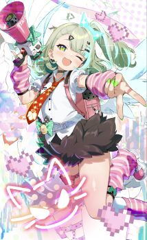  1girl arm_warmers bandaid bandaid_hair_ornament black_skirt blush collar commentary_request earrings fur-trimmed_skirt fur_trim green_eyes green_hair green_nails hair_ornament heart heart_hair_ornament highres holding holding_megaphone jewelry leg_warmers looking_at_viewer megaphone multiple_hair_clips musical_note_earrings necktie one_eye_closed open_mouth pilokey pink_arm_warmers pink_bag pink_leg_warmers pink_shoes ponytail red_necktie ring shirt shoes skirt solo sparkling_eyes striped_arm_warmers striped_leg_warmers sunna_(zenless_zone_zero) v white_shirt white_wings winged_bag wings zenless_zone_zero 