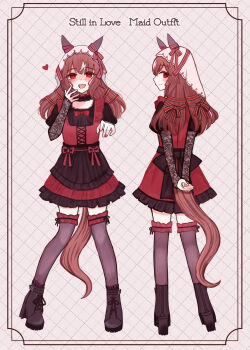  1girl animal_ears arms_behind_back back_bow black_boots black_choker black_thighhighs blush boots border bow brown_hair character_name choker closed_mouth commentary_request ear_covers ear_ribbon frilled_skirt frilled_thighhighs frills from_behind hair_ribbon hand_on_own_face heart highres horse_ears horse_girl horse_tail lace lace_choker lace_sleeves long_hair looking_at_viewer looking_back maid mayuchi427 multicolored_hair multiple_views open_mouth red_bow red_eyes red_nails red_ribbon red_skirt ribbon shaded_face short_sleeves single_polished_nail skirt smile solo still_in_love_(umamusume) streaked_hair tail thighhighs umamusume unconventional_maid veil white_streaks yandere 